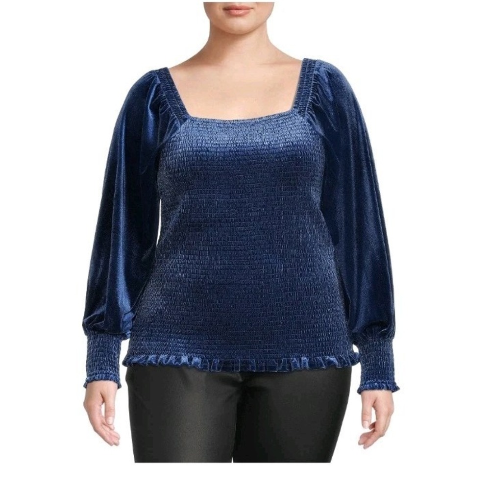 New! Terra & Sky Blue Velvet Puff Sleeve Smocked Top‎ 3X Plus Size